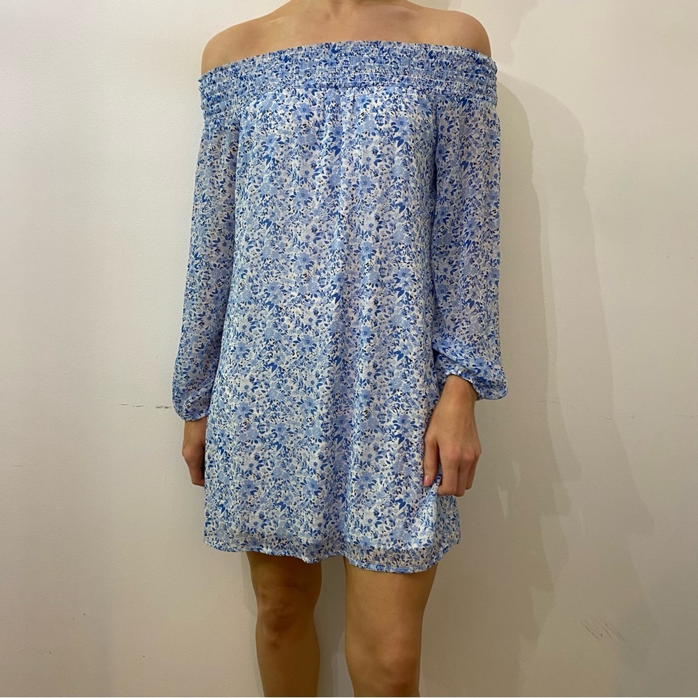 Blue Floral Off Shoulder Sheer Sleeve Mini Dress | S